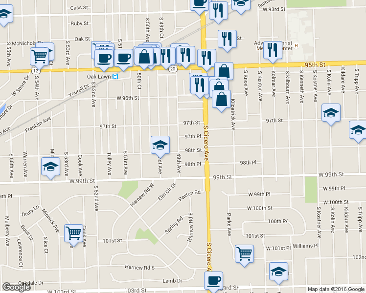 map of restaurants, bars, coffee shops, grocery stores, and more near 4840 West 98th Street in Oak Lawn