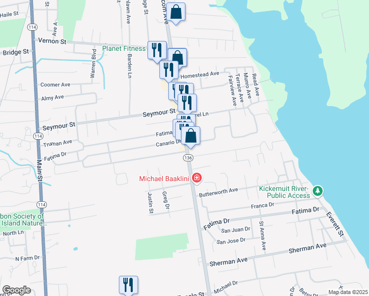 map of restaurants, bars, coffee shops, grocery stores, and more near 651 Rhode Island 136 in Warren