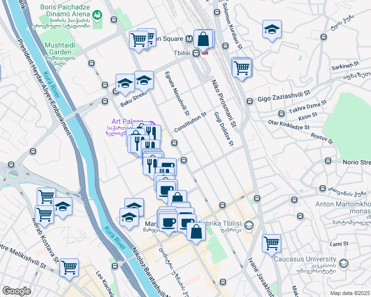 map of restaurants, bars, coffee shops, grocery stores, and more near 112 Ivane Javakhishvili Street in T'bilisi