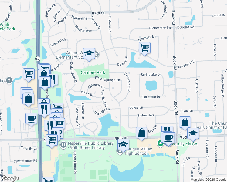 map of restaurants, bars, coffee shops, grocery stores, and more near 2412 Eldorado Court in Naperville