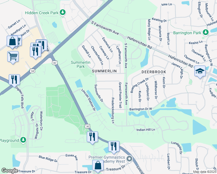 map of restaurants, bars, coffee shops, grocery stores, and more near 1632 Fredericksburg Lane in Aurora