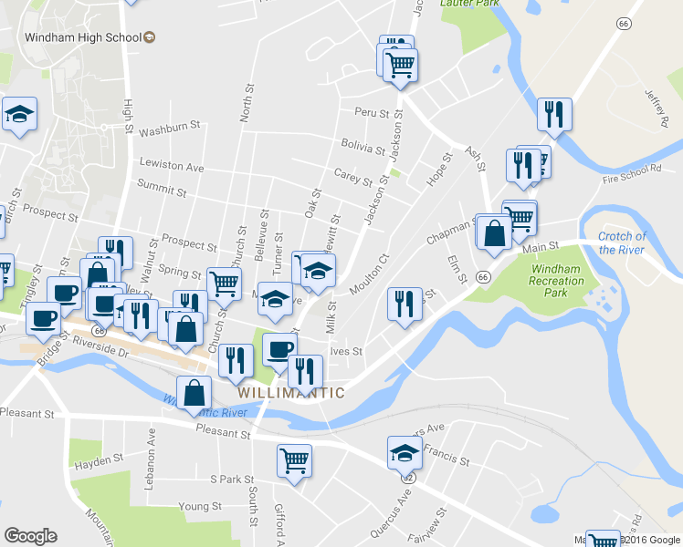 map of restaurants, bars, coffee shops, grocery stores, and more near 25 Prospect Street in Windham