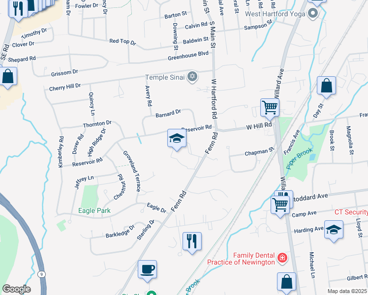 map of restaurants, bars, coffee shops, grocery stores, and more near 85 Reservoir Road in Newington