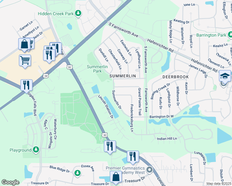 map of restaurants, bars, coffee shops, grocery stores, and more near 1602 Fredericksburg Lane in Aurora