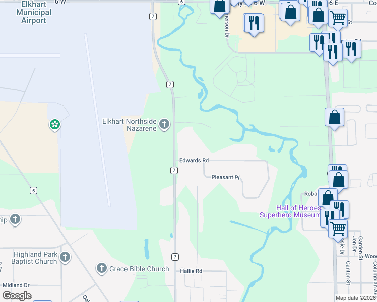 map of restaurants, bars, coffee shops, grocery stores, and more near 53670 County Road 7 in Elkhart