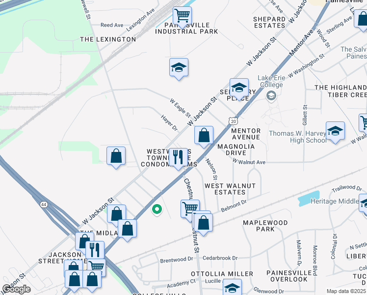 map of restaurants, bars, coffee shops, grocery stores, and more near 707 West Jackson Street in Painesville