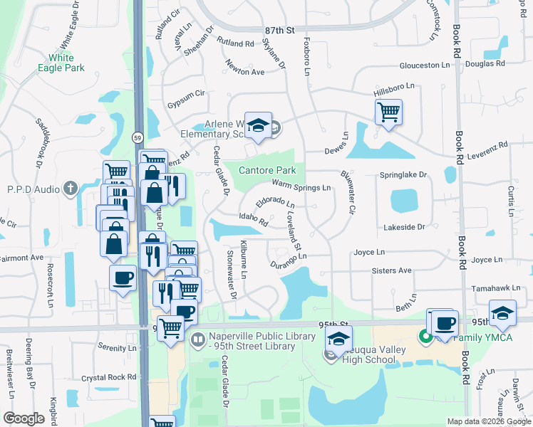 map of restaurants, bars, coffee shops, grocery stores, and more near 2715 Glenwood Court in Naperville