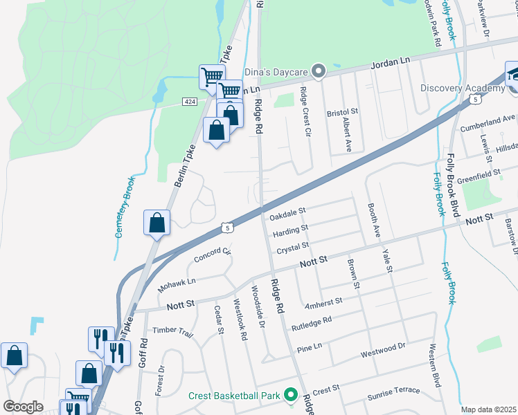 map of restaurants, bars, coffee shops, grocery stores, and more near 295 Ridge Road in Wethersfield