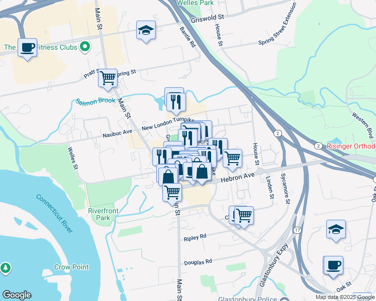 map of restaurants, bars, coffee shops, grocery stores, and more near 49 Welles Street in Glastonbury