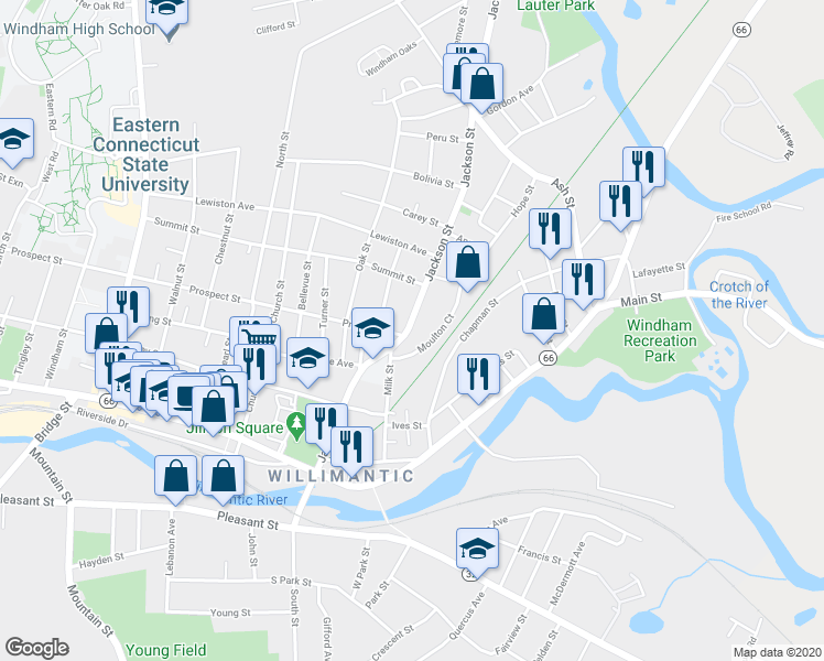 map of restaurants, bars, coffee shops, grocery stores, and more near 189 Jackson Street in Windham