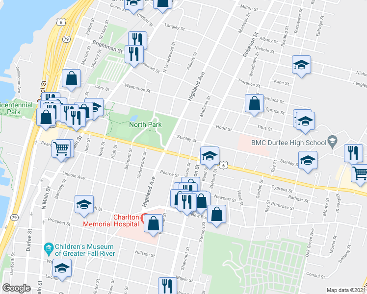 map of restaurants, bars, coffee shops, grocery stores, and more near 765 Hanover Street in Fall River