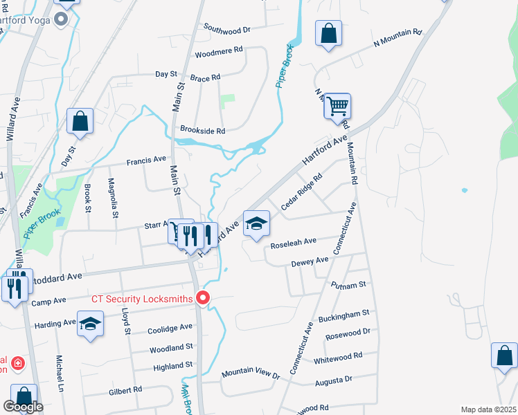 map of restaurants, bars, coffee shops, grocery stores, and more near 113 Hartford Avenue in Newington