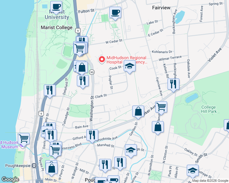 map of restaurants, bars, coffee shops, grocery stores, and more near 41 Clark Street in Poughkeepsie
