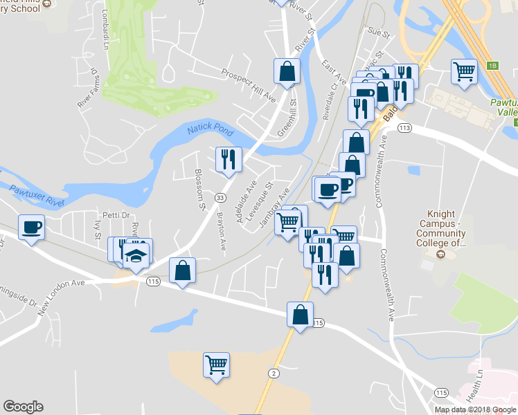 map of restaurants, bars, coffee shops, grocery stores, and more near 82 Levesque Street in Warwick