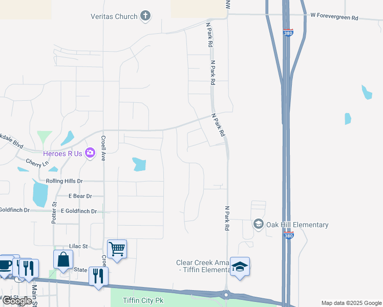 map of restaurants, bars, coffee shops, grocery stores, and more near 1201 Aster Drive in Tiffin