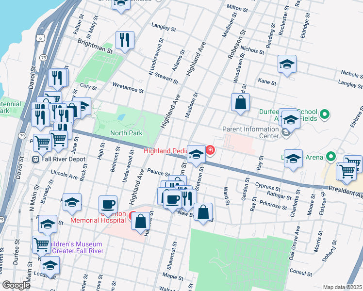 map of restaurants, bars, coffee shops, grocery stores, and more near 765 Hanover Street in Fall River