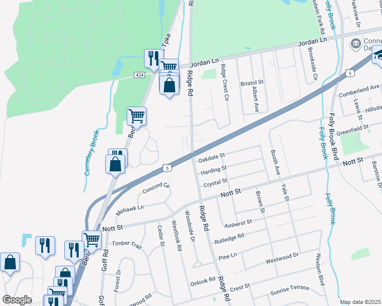 map of restaurants, bars, coffee shops, grocery stores, and more near 289 Ridge Road in Wethersfield