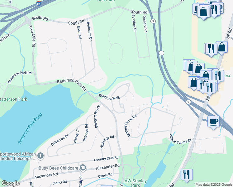 map of restaurants, bars, coffee shops, grocery stores, and more near 74 Bradford Walk in Farmington