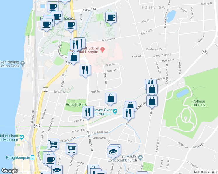 map of restaurants, bars, coffee shops, grocery stores, and more near 41 Clark Street in Poughkeepsie