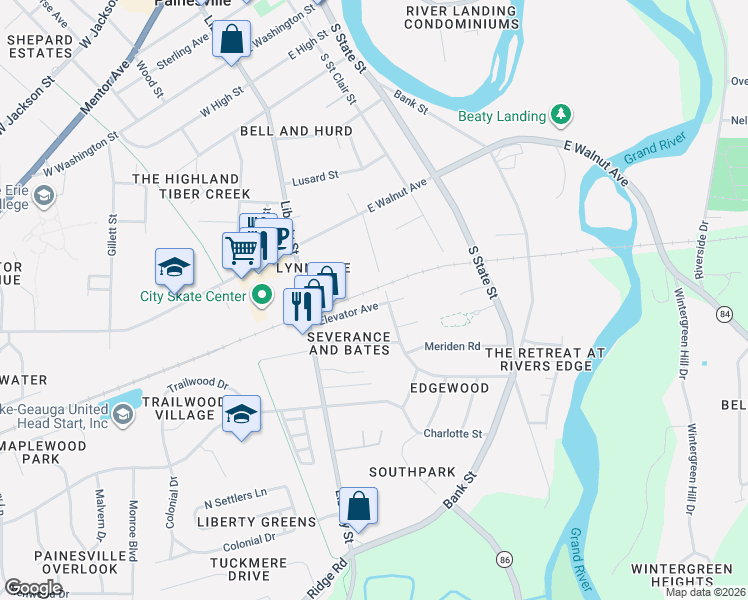 map of restaurants, bars, coffee shops, grocery stores, and more near 91 Elevator Avenue in Painesville