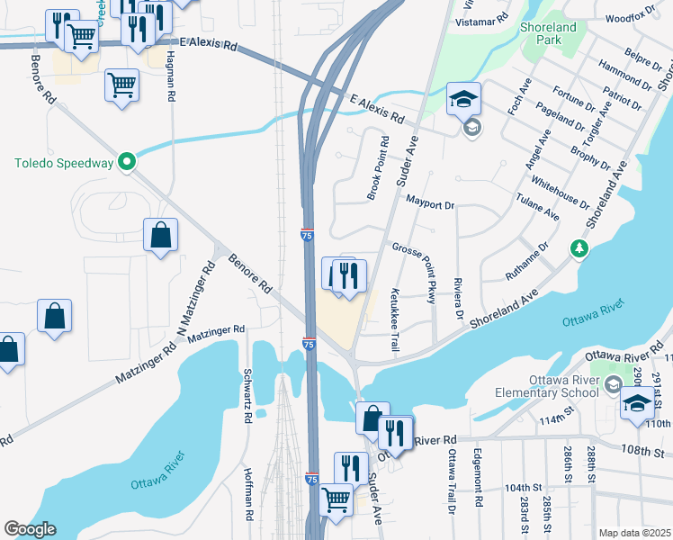 map of restaurants, bars, coffee shops, grocery stores, and more near 1841 South Ottawa Cove Drive in Toledo