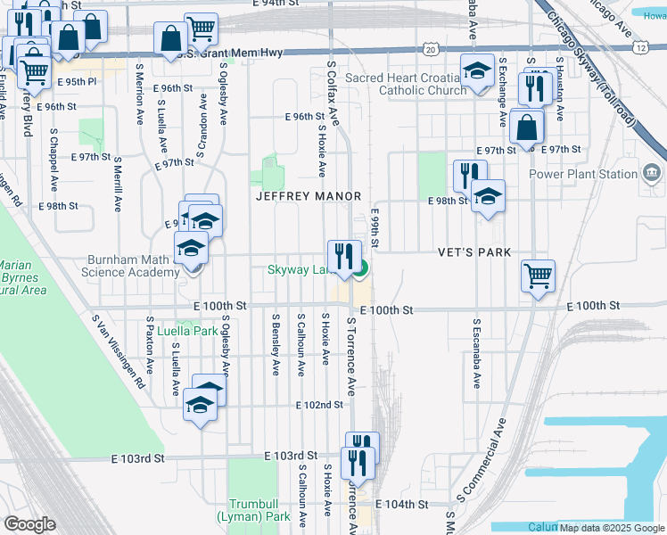 map of restaurants, bars, coffee shops, grocery stores, and more near 9910 South Hoxie Avenue in Chicago