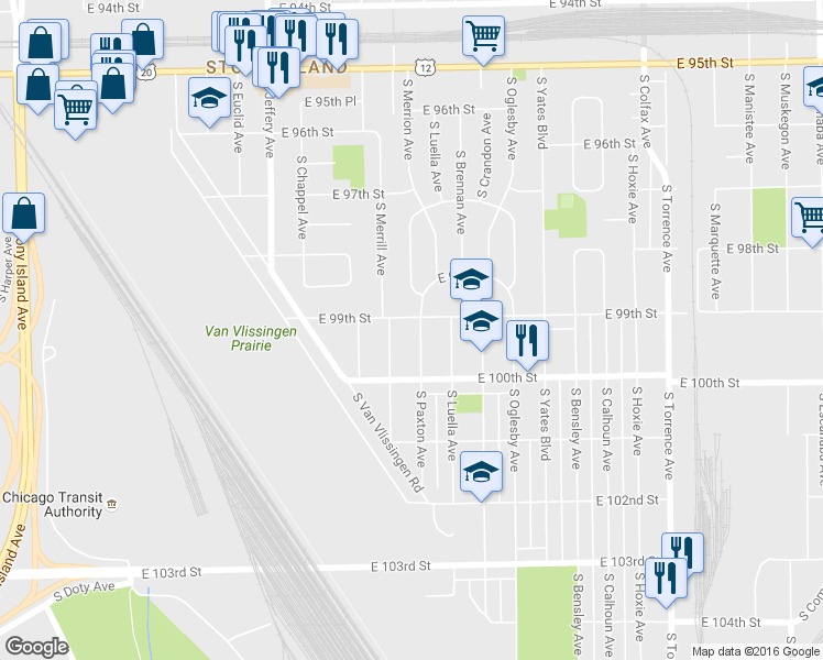map of restaurants, bars, coffee shops, grocery stores, and more near 9906 South Paxton Avenue in Chicago
