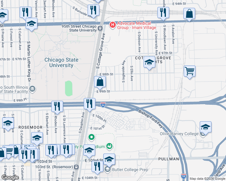 map of restaurants, bars, coffee shops, grocery stores, and more near 9855 South Drexel Avenue in Chicago