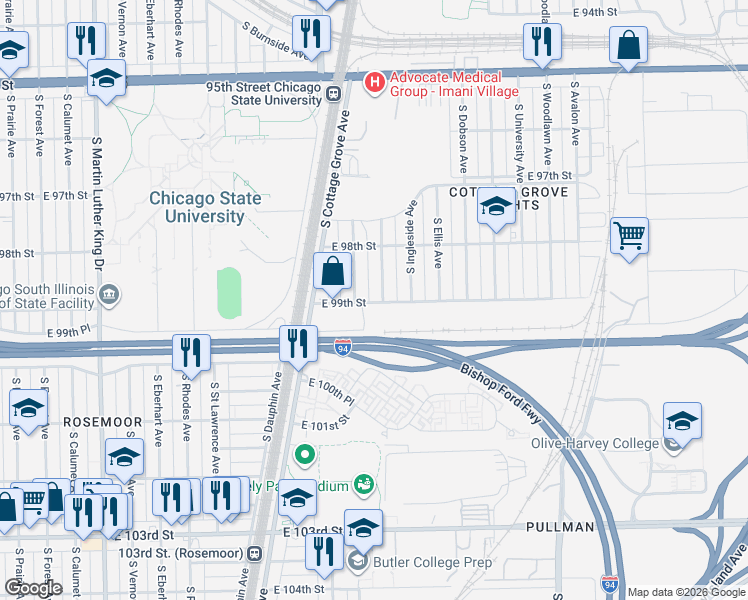 map of restaurants, bars, coffee shops, grocery stores, and more near 9855 South Drexel Avenue in Chicago