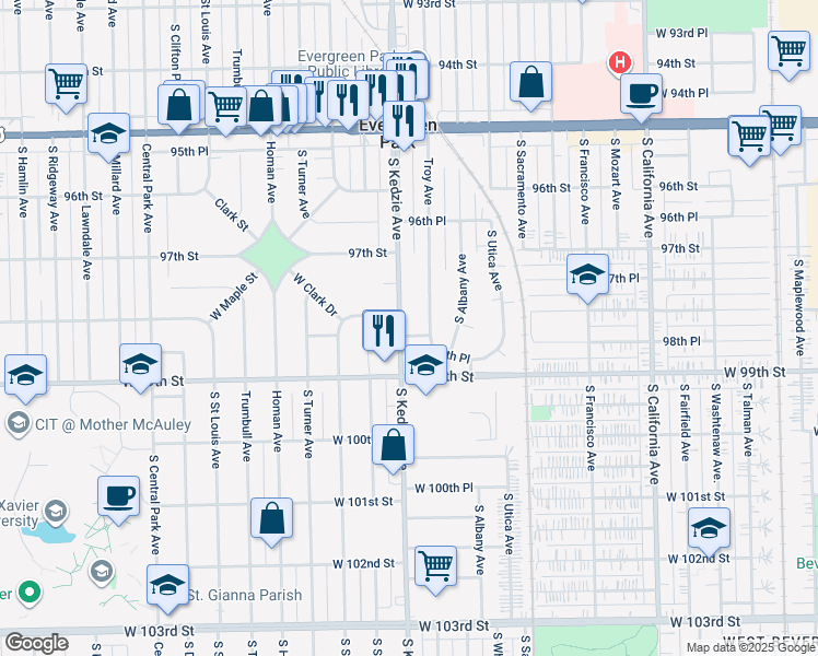 map of restaurants, bars, coffee shops, grocery stores, and more near 9802 South Kedzie Avenue in Evergreen Park