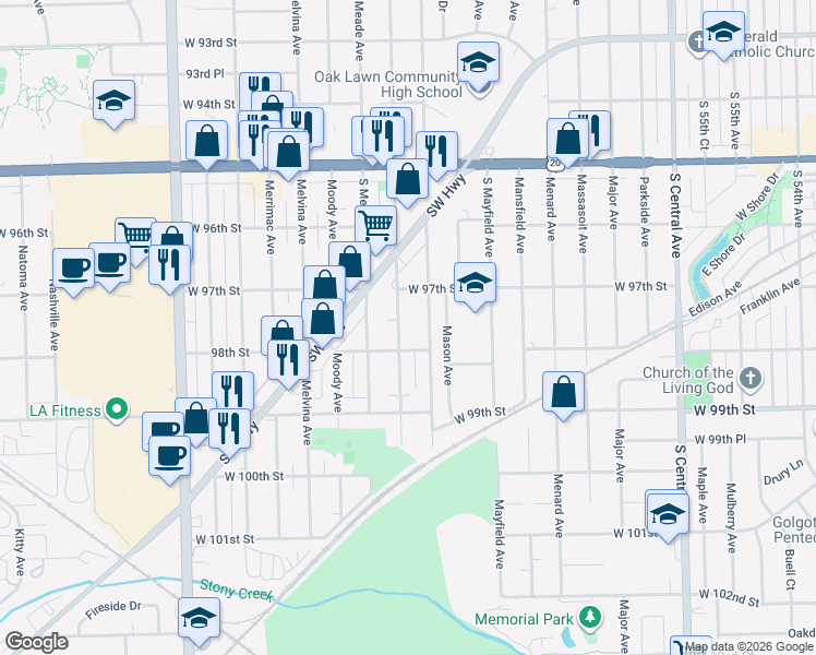 map of restaurants, bars, coffee shops, grocery stores, and more near 9721 McVicker Avenue in Oak Lawn