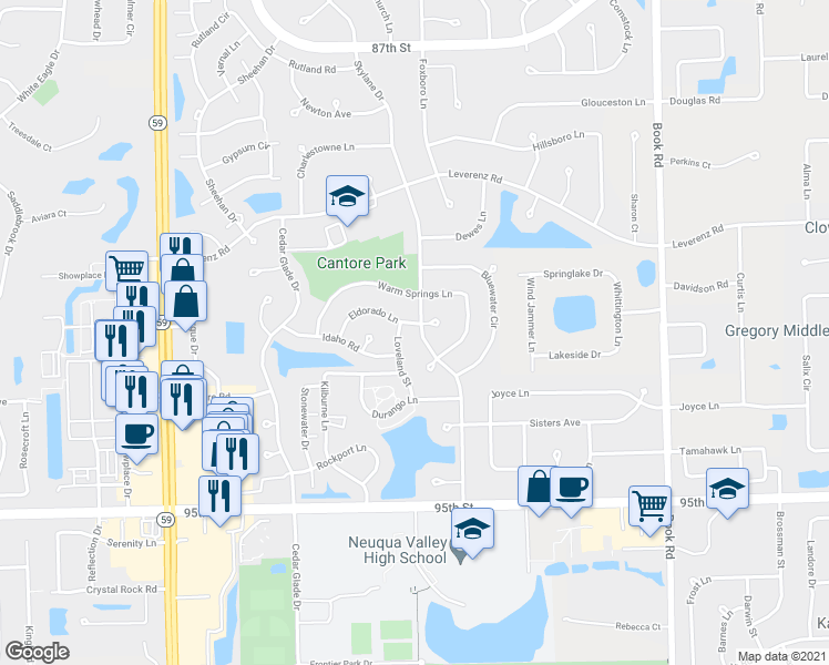 map of restaurants, bars, coffee shops, grocery stores, and more near 2516 Eldorado Lane in Naperville