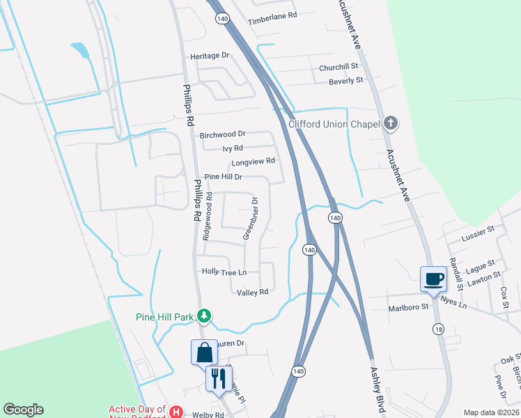 map of restaurants, bars, coffee shops, grocery stores, and more near 110 Greenbrier Drive in New Bedford