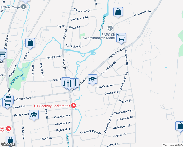 map of restaurants, bars, coffee shops, grocery stores, and more near 113 Hartford Avenue in Newington
