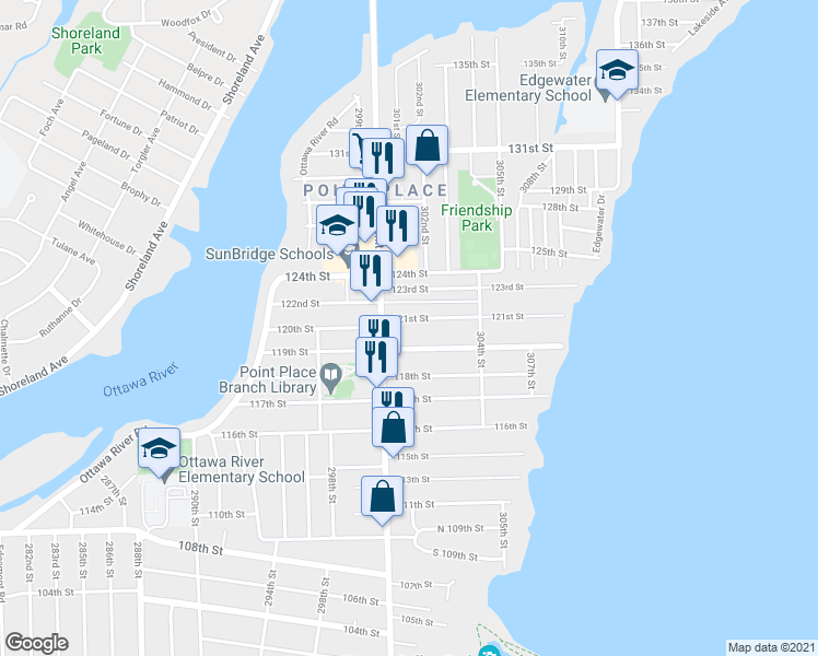 map of restaurants, bars, coffee shops, grocery stores, and more near 2826 121st St in Toledo