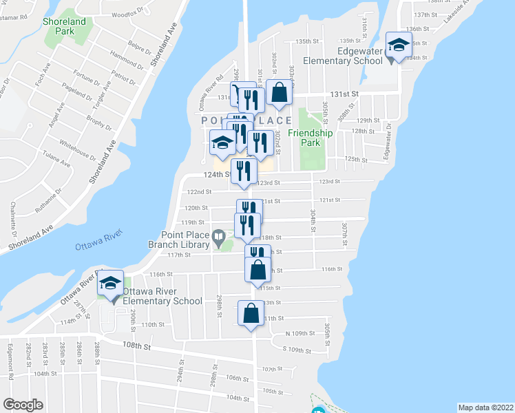 map of restaurants, bars, coffee shops, grocery stores, and more near 2826 121st Street in Toledo