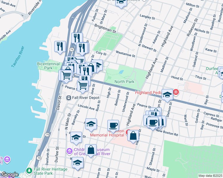 map of restaurants, bars, coffee shops, grocery stores, and more near 1005 High Street in Fall River