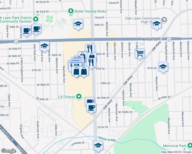map of restaurants, bars, coffee shops, grocery stores, and more near 9725 Ridgeland Avenue in Oak Lawn