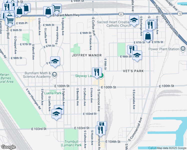 map of restaurants, bars, coffee shops, grocery stores, and more near 9910 South Hoxie Avenue in Chicago