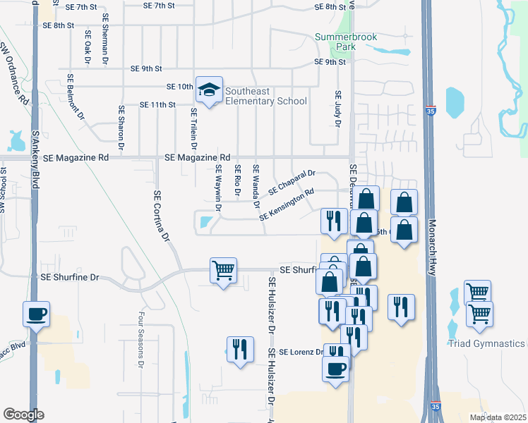 map of restaurants, bars, coffee shops, grocery stores, and more near 804 Southeast Kensington Road in Ankeny