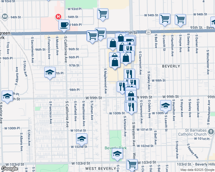 map of restaurants, bars, coffee shops, grocery stores, and more near 9813 South Maplewood Avenue in Evergreen Park