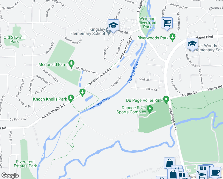 map of restaurants, bars, coffee shops, grocery stores, and more near 132 Settlers Drive in Naperville