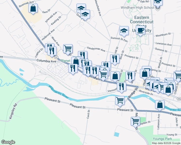 map of restaurants, bars, coffee shops, grocery stores, and more near 1275 Main Street in Windham