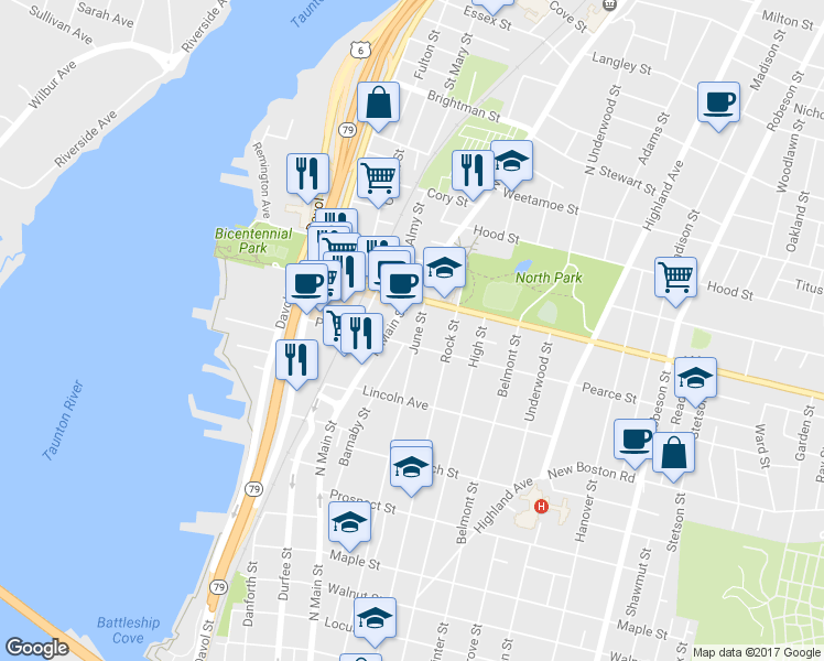 map of restaurants, bars, coffee shops, grocery stores, and more near 708 June St in Fall River