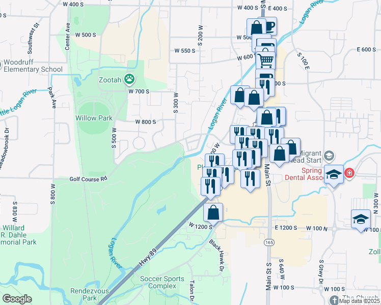 map of restaurants, bars, coffee shops, grocery stores, and more near 268 West 1030 South in Logan