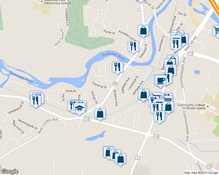 map of restaurants, bars, coffee shops, grocery stores, and more near 3 Blossom St in West Warwick