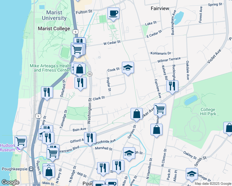 map of restaurants, bars, coffee shops, grocery stores, and more near 41 Clark Street in Poughkeepsie
