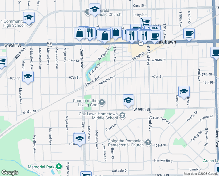 map of restaurants, bars, coffee shops, grocery stores, and more near 9729 Warren Avenue in Oak Lawn