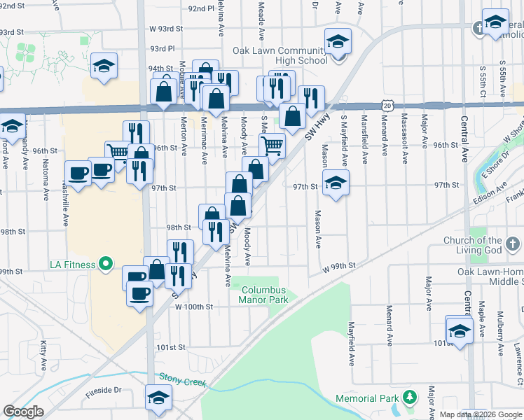 map of restaurants, bars, coffee shops, grocery stores, and more near 9740 South Meade Avenue in Oak Lawn