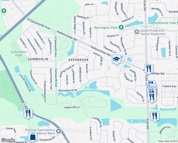 map of restaurants, bars, coffee shops, grocery stores, and more near 2278 James Leigh Drive in Aurora